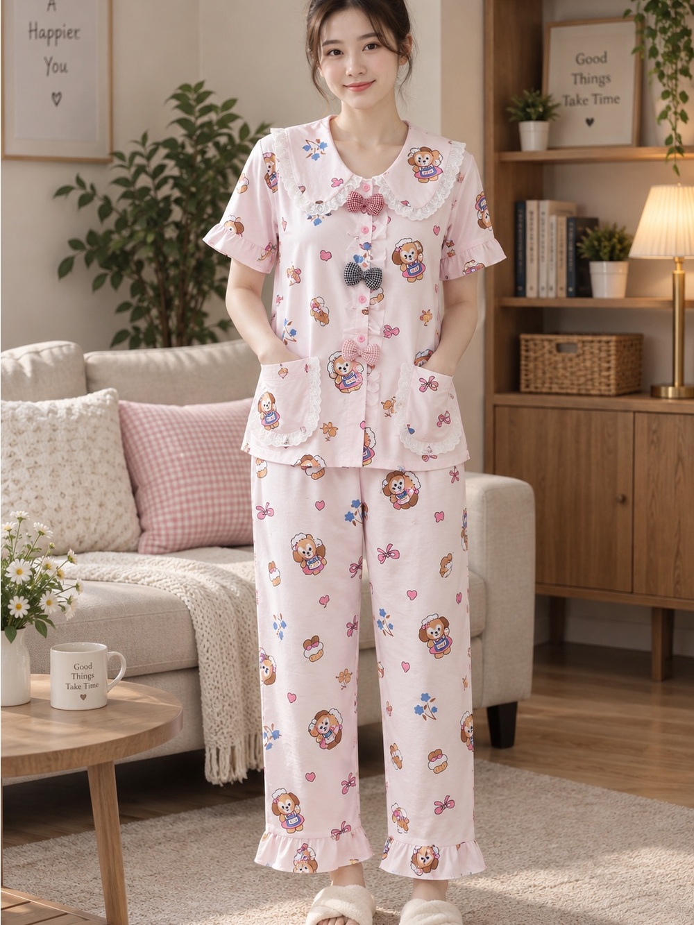 Cute Pink Printed Cotton Pajama Set with Peter Pan Collar